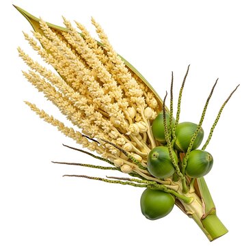 Coconut Palm Tree Flower Inflorescence with Green Young Coconuts and Creamy Yellow Blossoms on White Background 