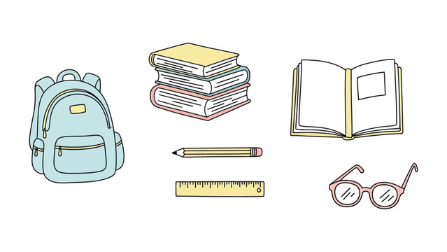Essential School Supplies Arrangement: An illustration showcasing the fundamental tools for scholastic pursuits, a backpack, stacked books, an open book, a pencil, a ruler, and glasses.