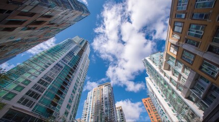 Obraz na płótnie Canvas Modern city skyscraper architecture business corporate urban skyline buildings perspective blue sky clouds calm realestate office tower looking up view for growth success and stability