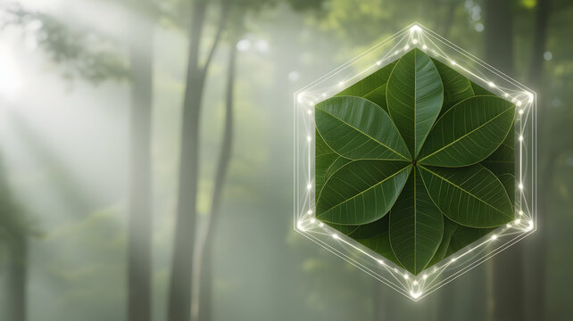 Lush green leaves arranged in a hexagon with a glowing outline, symbolizing sustainable agriculture and ecological balance.