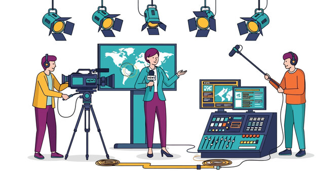 News broadcast studio with camera crew and presenter.