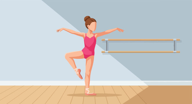 A young ballerina performing a dance pose in a studio with a wooden floor and bar