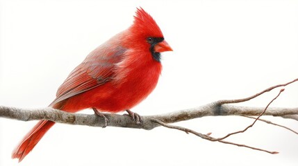 Fototapeta premium Red cardinal bird perched on a dry branch. Detailed illustration of a vibrant songbird isolated on white background. Nature wildlife portrait for Christmas greeting card design.