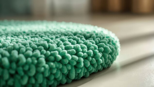 Close-up of a green microfiber chenille wet mop pad, highlighting its texture. Housekeeping theme.