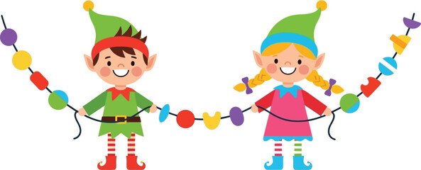 Naklejka premium Two cartoon elves holding a colorful festive garland of geometric shapes christmas holiday