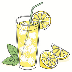 Glass of lemonade with ice cubes and lemon slices and mint straw © PixelFusion