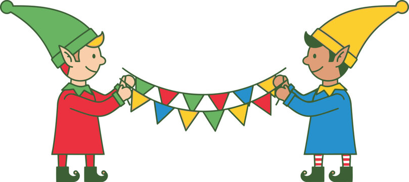 Two cartoon elves holding a colorful triangle flag banner character