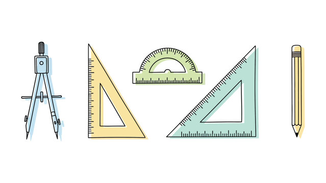 Geometric Essentials: A collection of essential geometry tools, including a compass, triangles, a protractor, and a pencil, perfect for students and professionals alike.