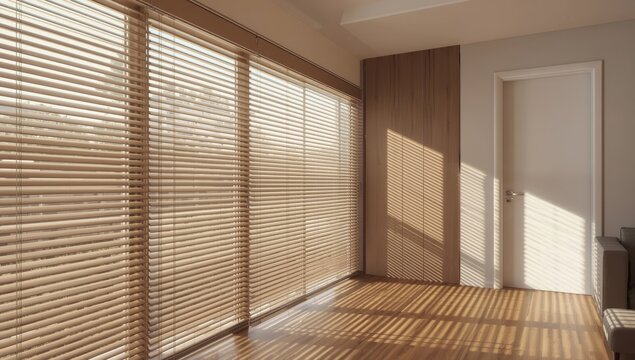 Interior motorized wood blinds. Large beige automatic venetian blinds with 50mm slats. A nearby door leads to the room.