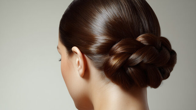 rear view of female with brown braided hair bun, elegant bridal updo with polished braided knot, sophisticated formal hairstyle for wedding guest or ballet