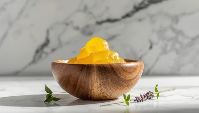 Candelilla wax in a wooden bowl on a marble surface. Natural wax for DIY beauty projects.