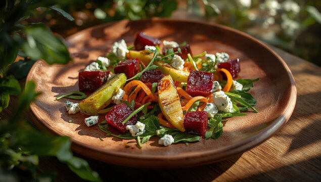Ceramic dish featuring a salad of caramelized pear, beet, arugula, avocado, carrot, and blue cheese.