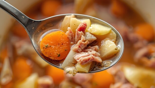 Spoonful of ham soup, close-up shot. Affordable, nutritious meal featuring leftover ham, broth, carrots, onions, cabbage, and garlic. Comforting food photography.
