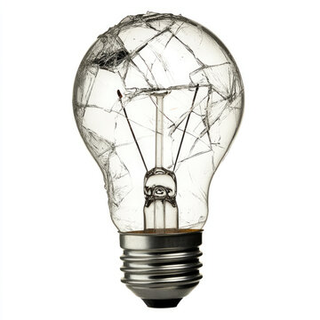 Cracked light bulb with shattered glass isolated white background