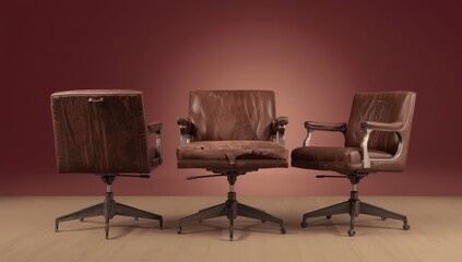 Fototapeta premium Three vintage office chairs with brown leather seats, worn and torn, set against a gradient backdrop.