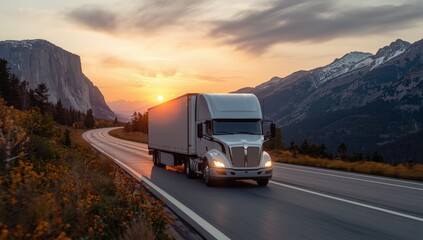 Obraz premium Contemporary eco-friendly white refrigerated truck traveling along a picturesque mountain road at dusk.