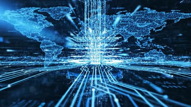 Global digital transformation, abstract concept of advanced technological network connecting worldwide, representing data flow and information exchange