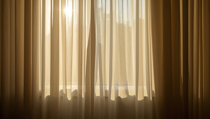Obraz premium Light filters through a white sheer curtain of a bedroom window, illuminating a soft beige curtain. Fresh start idea.