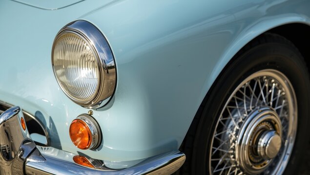 Detailed view of the front corner of a light blue classic car, highlighting its round headlight, chrome bumper, turn signal, and traditional wire wheel.