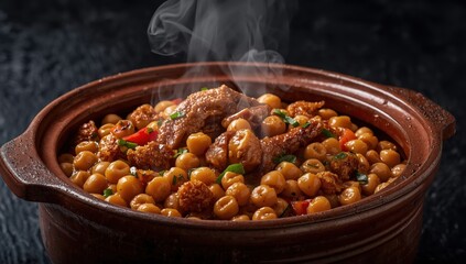 Fototapeta premium Close-up of ropa vieja, a traditional Canarian chickpea stew in an earthenware pot on a dark background.