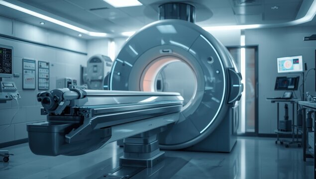 Detailed view of a medical linear accelerator in cancer treatment. Idea of advanced healthcare technologies.