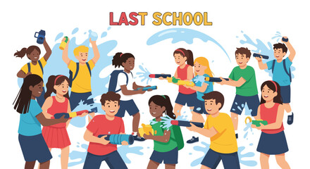 Fototapeta premium Diverse school children celebrating the last day of school with a water gun fight