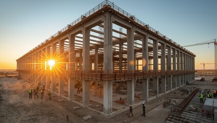 Obraz premium A new warehouse is being built on a spacious site featuring concrete columns, brick infill, scaffolding, and steel beams, outlining areas for a future logistics center.