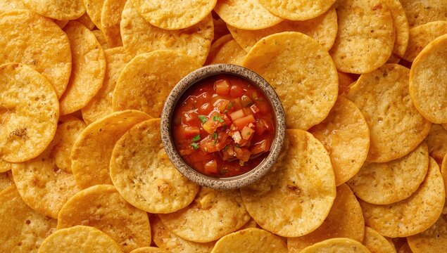 Bird's-eye perspective of circular tortilla chips encircling a tiny bowl of salsa, forming a tasty treat.