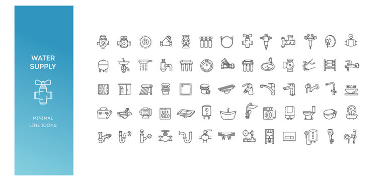 Water supply line icons set, sanitary equipment, bathroom and kitchen fixtures outline collection