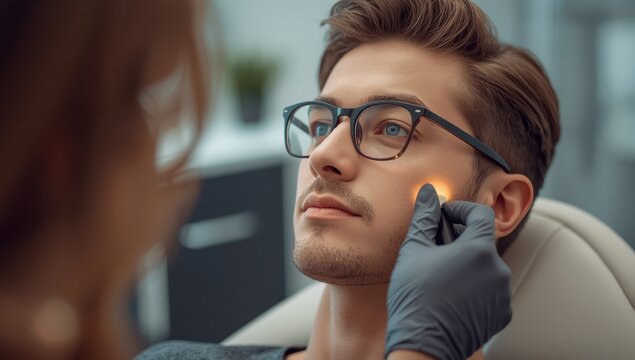 A young man with glasses getting laser hair removal at a salon, focusing on the sideburns near his ears.