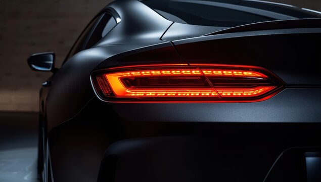 Close-up of contemporary car's LED taillights. Rear light of sports car in showroom. Detailed view of matte black sports car's rear light.