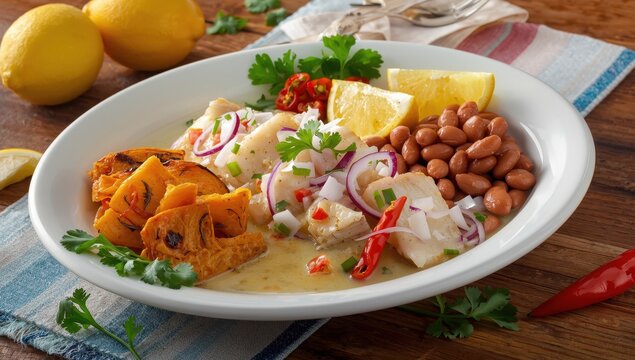 Piura-style Peruvian ceviche featuring fresh fish, lemon, onions, hot peppers, sweet potatoes, and beans.