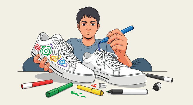 A young person uses a blue marker to decorate white sneakers with colorful art
