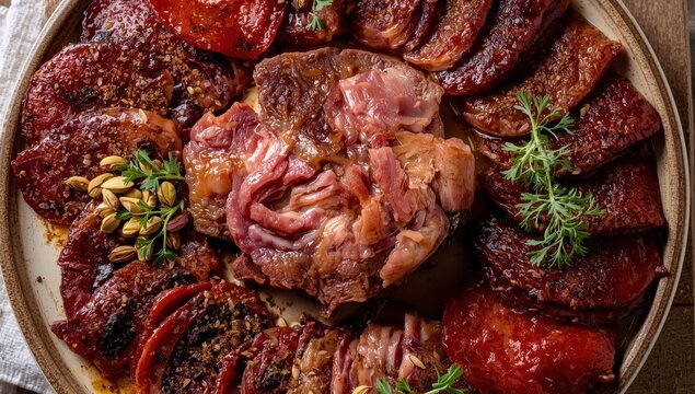 Ribeye bacon. Slices of dried Turkish pastrami on a plate. Classic Turkish treats. Overhead view.