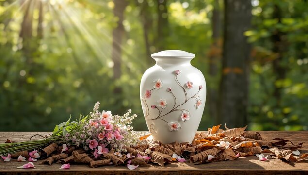 A white urn adorned with pale pink blooms sits on a wooden table in a sunlit forest, suggesting natural burials and eco-conscious memorials.