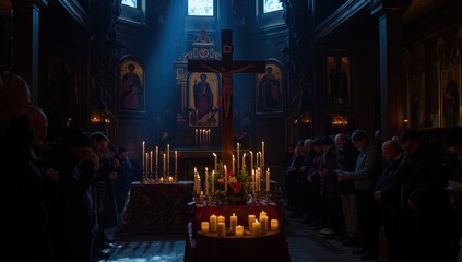 Naklejka premium Panakhida, a funeral service in Orthodoxy, involves lighting candles before the cross and praying for the deceased, reflecting the essence of Orthodox belief.