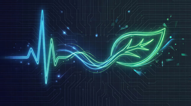 Digital heartbeat evolving into glowing green leaf on circuit board background representing sustainable technology and eco-friendly innovation