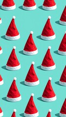 A pattern of red and white Santa hats on a teal background