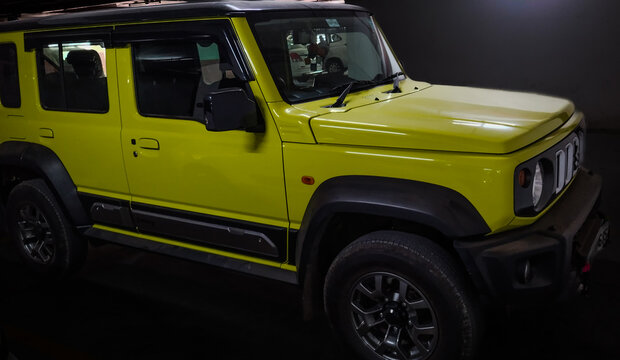 Maruthi Suzuki car model Jimny, front view.  Maruti Suzuki India Limited is the Indian subsidiary of Japanese automaker Suzuki Motor Corporation. It is the largest automobile manufacturer in India.
