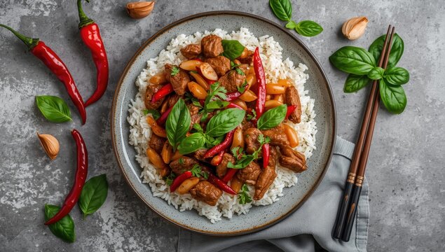 Beef pad kra pao with Thai holy basil over jasmine rice, served on a plate with chopsticks, garlic, chili, and cilantro, top-down view on a concrete table.