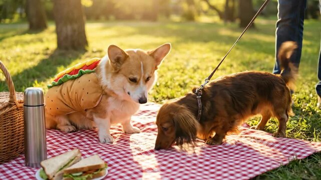 Corgi in Hot Dog Costume Meeting Dachshund on Picnic Blanket in Park