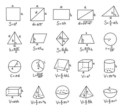 Formula figure set in outline line art featuring geometry math education shapes volume area square rectangle triangle circle prism cylinder