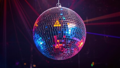Obraz premium Close view of a shimmering disco ball projecting light on a dark backdrop, ideal for party or celebration themes, evoking a lively and festive mood.