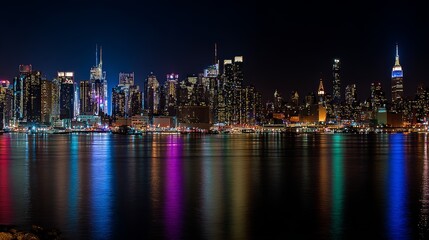 Obraz premium Skyscraper city skyline night urban buildings lights reflection water panorama downtown business architecture vibrant metropolis glowing colorful river perspective citylife modern skyline