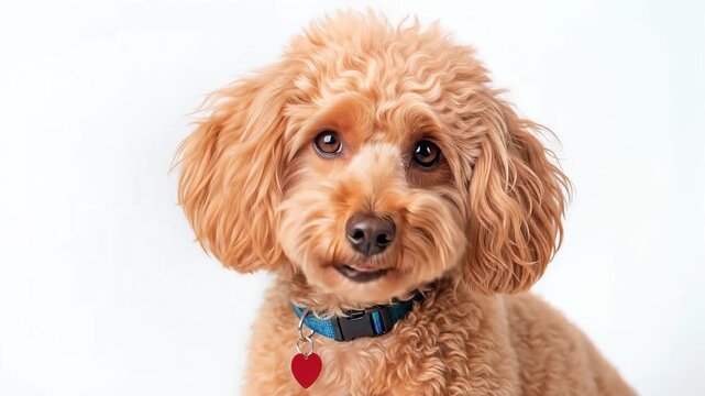 adorable brown poodle portrait with blue collar and heart tag