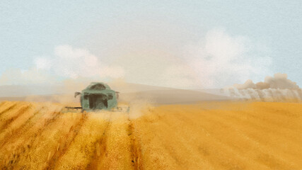 Fototapeta premium Agriculture aesthetic desktop wallpaper, watercolor field illustration