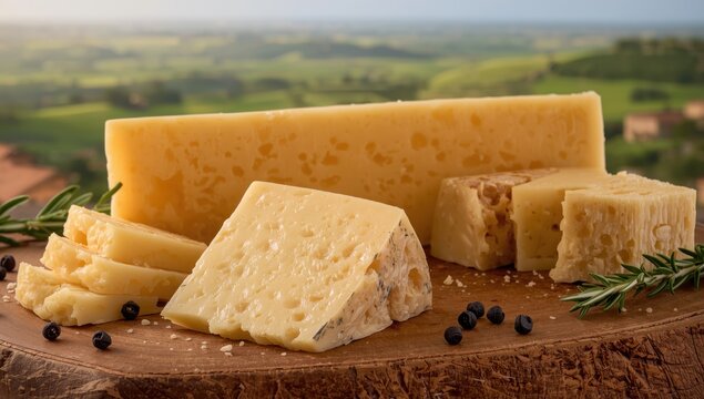 Close-up of aged pecorino romano cheese from sheep's milk in Lazio, Sardinia, or Tuscany.
