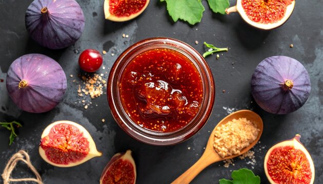 Fig jam jar surrounded by fresh figs and ingredients on a dark background, overhead shot