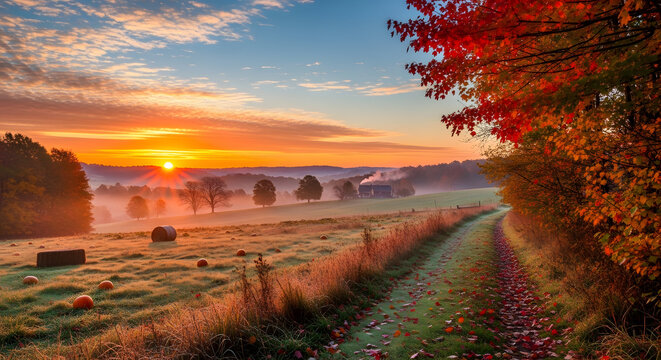Autumn landscape with a dirt road and hay bales at sunset in a rural setting with trees and a foggy field