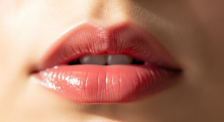 Fototapeta premium Close-up shot of a woman's lips with pink lipstick against a soft, neutral skin tone background.